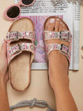 Pink summer slide sandals with sparkling beaded straps