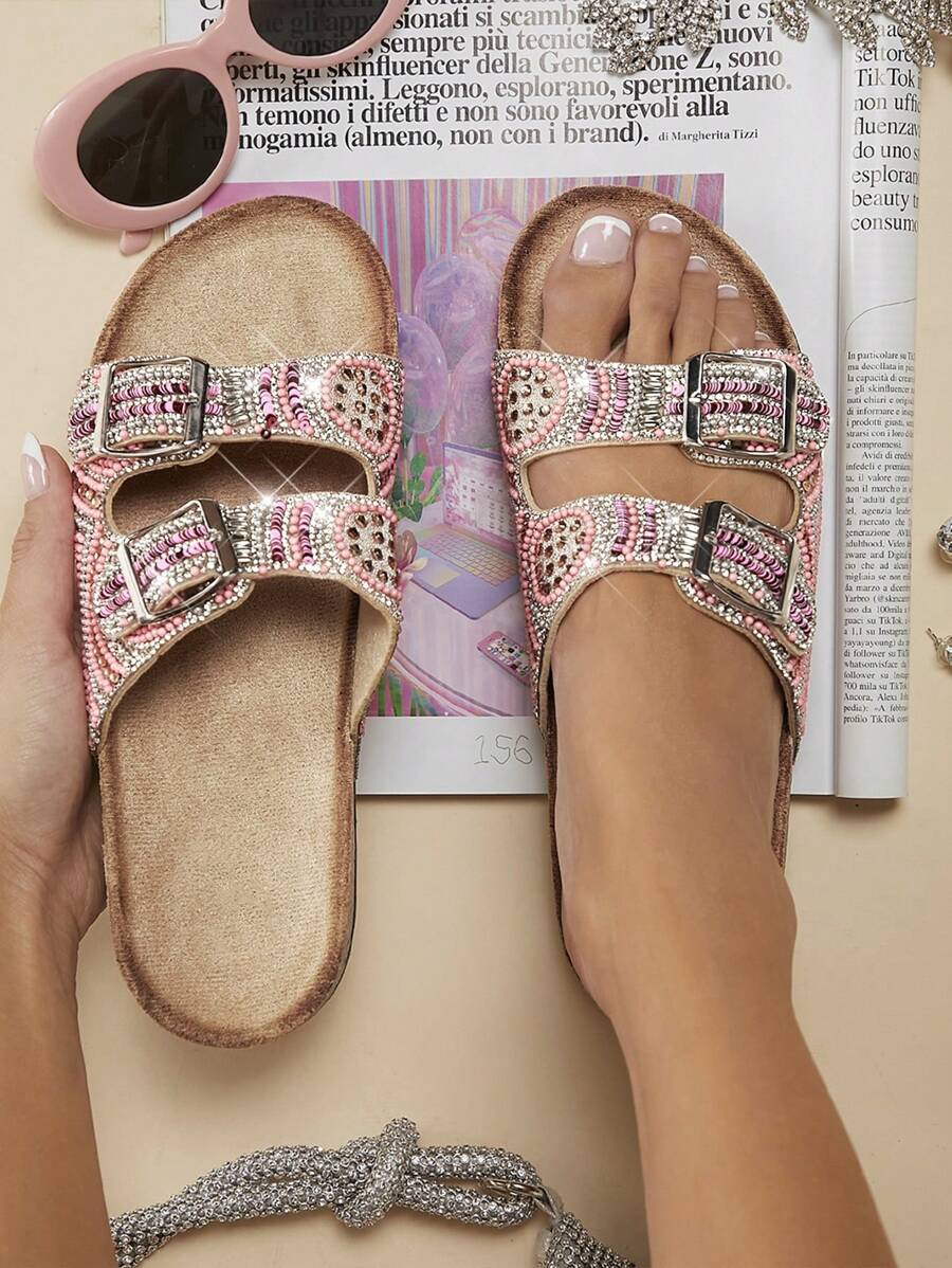 Pink summer slide sandals with sparkling beaded straps