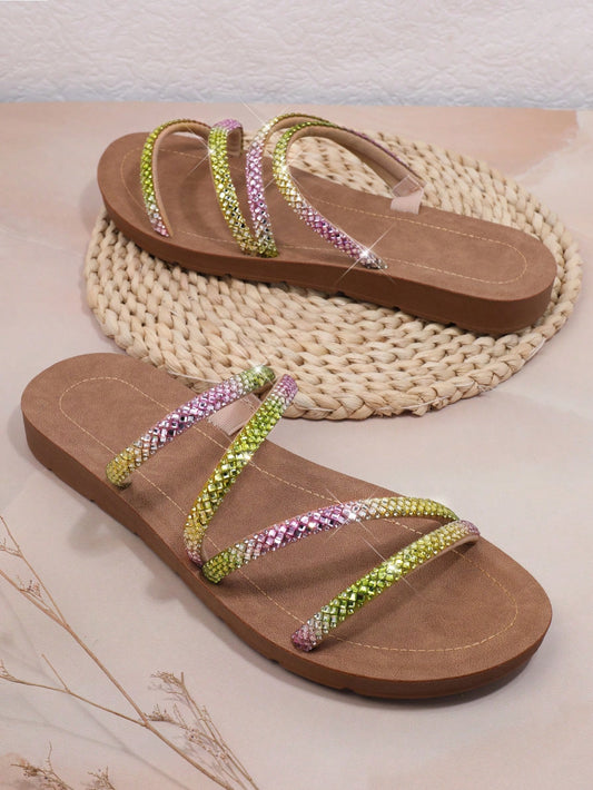 Rhinestone Sparkle: Women's Colorful Flat Sandals
