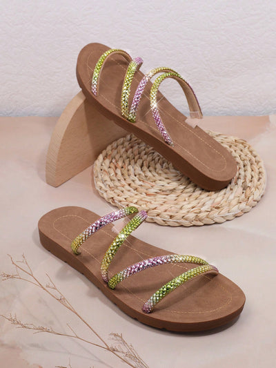 Rhinestone Sparkle: Women's Colorful Flat Sandals