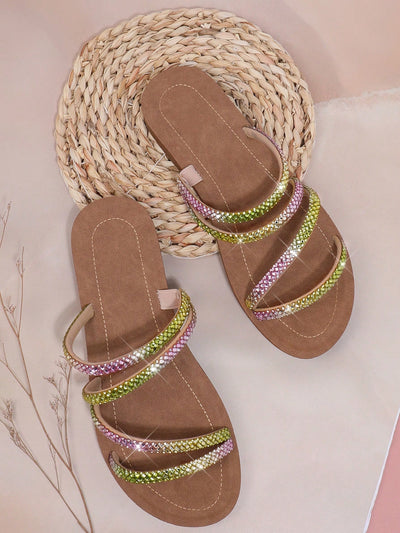 Rhinestone Sparkle: Women's Colorful Flat Sandals