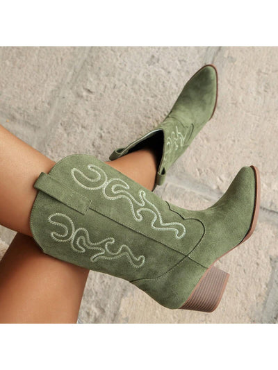 Stylish Western-Inspired Embroidered Mid-Calf Wedge Boots for Women