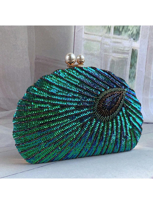 Shimmering Peacock Feathers: Glittery Sequins Clutch Wallet for Party, Wedding, Prom