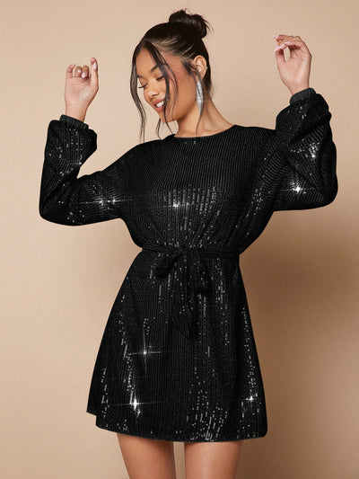 Shine Bright in Our Sparkling Belted Dress for Women