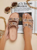 Brown rhinestone flat sandals with gold silver bead embellishment