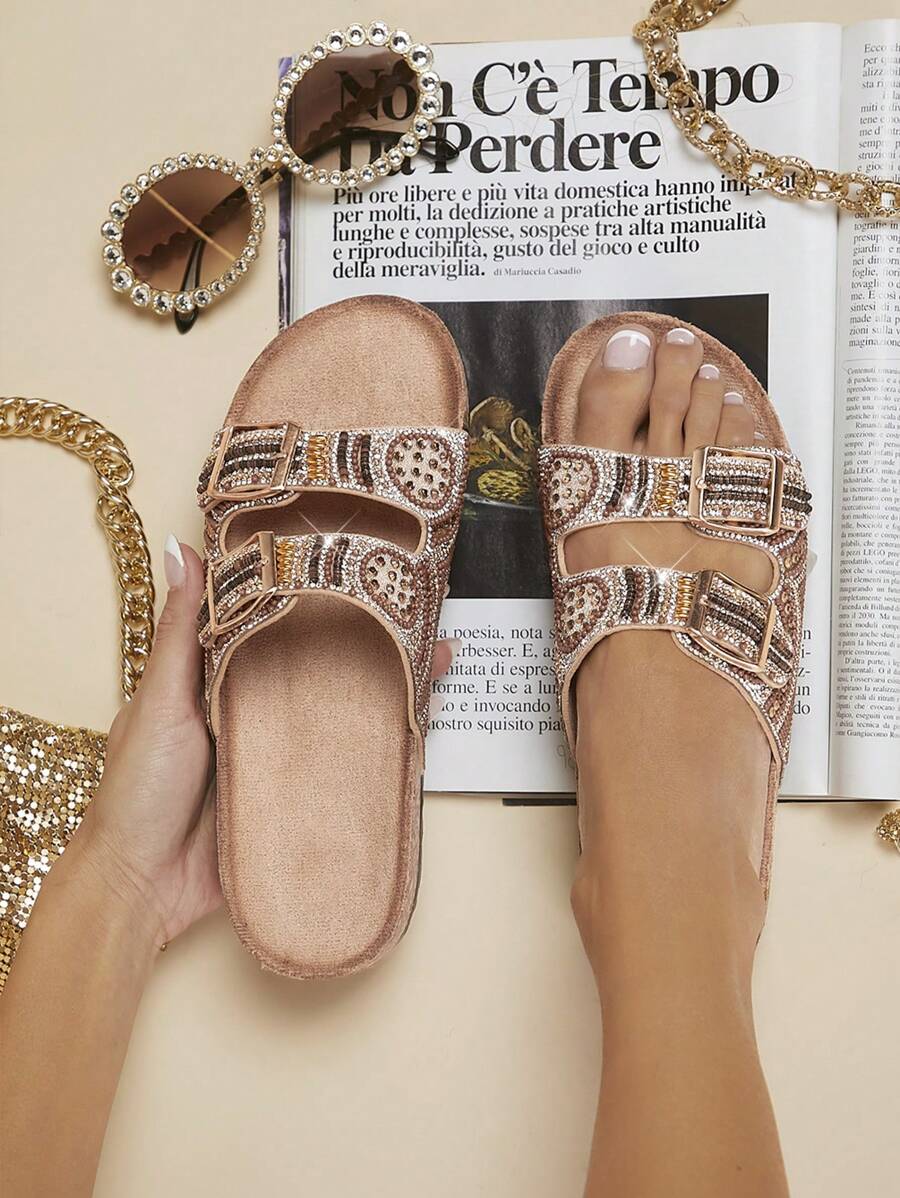 Brown rhinestone flat sandals with gold silver bead embellishment