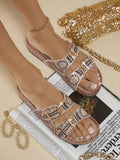 Brown embellished open toe slides for vacation and summer outfits