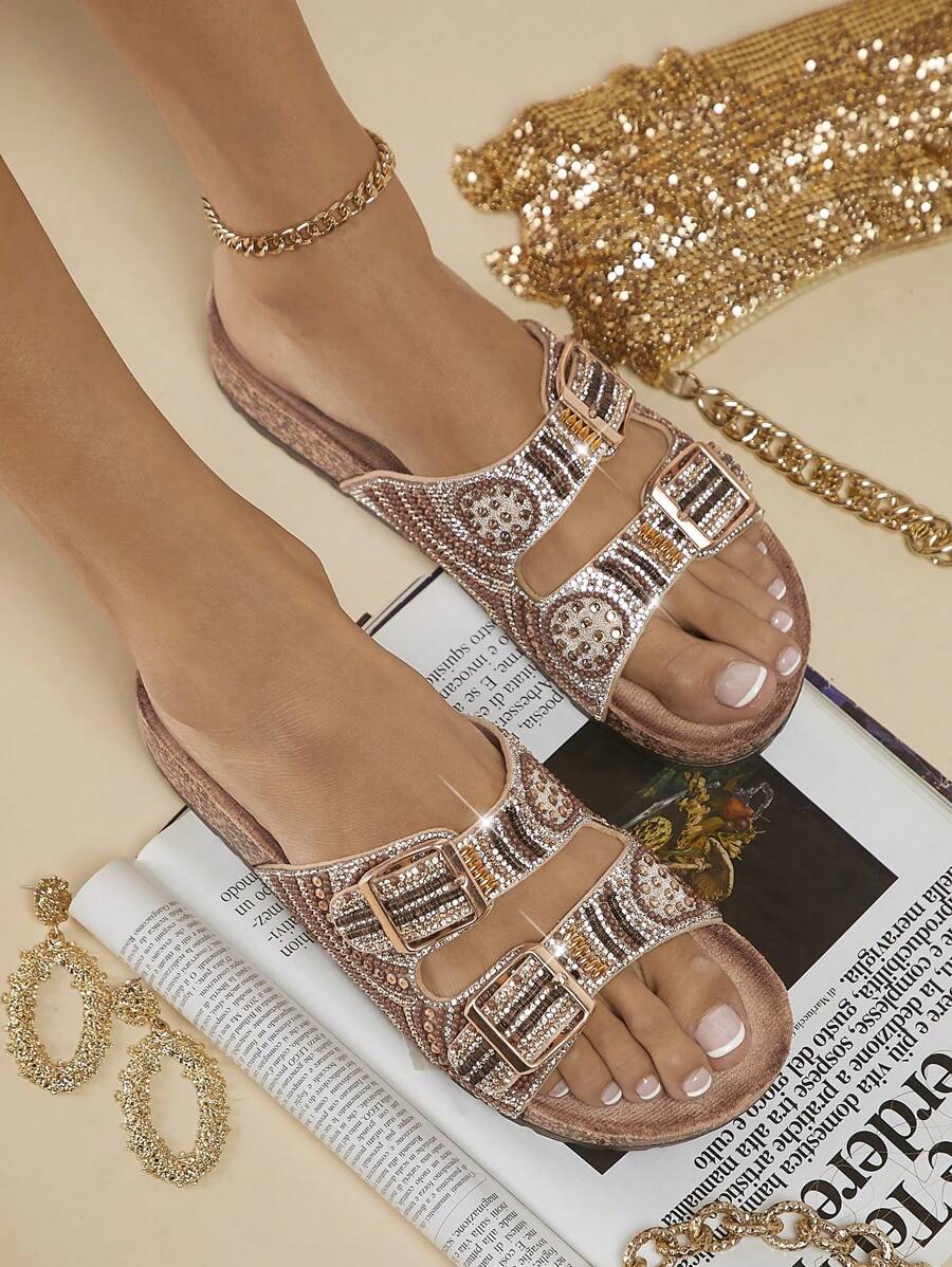 Brown embellished open toe slides for vacation and summer outfits