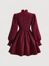 Elevate Your Style: Lantern Sleeve Corduroy Dress with Knotted Neckline