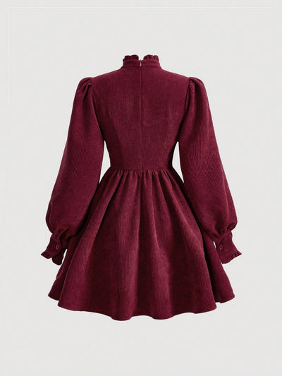 Elevate Your Style: Lantern Sleeve Corduroy Dress with Knotted Neckline