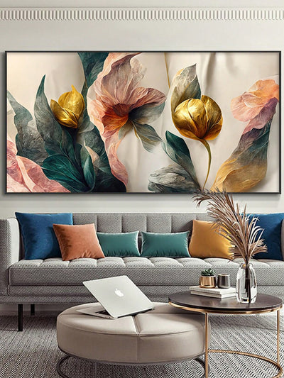 Vibrant Floral Elegance: Gold, Green & Pink Canvas Wall Art for Modern Home Décor