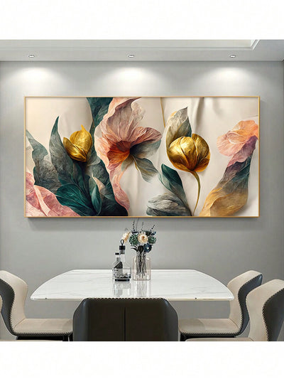 Vibrant Floral Elegance: Gold, Green & Pink Canvas Wall Art for Modern Home Décor