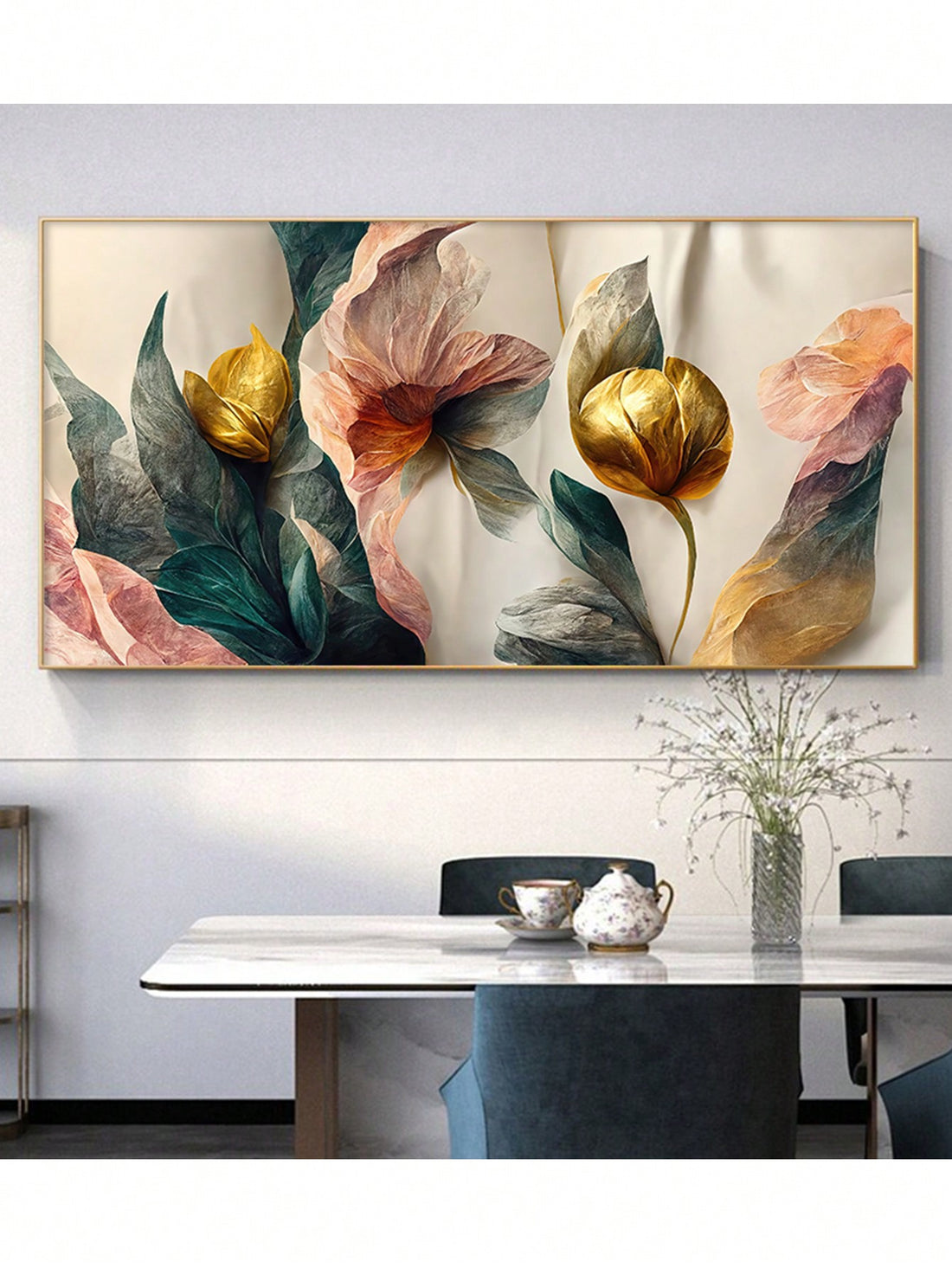 Expertly crafted and designed, our Vibrant Floral Elegance canvas wall art features vibrant, striking colors of gold, green, and pink. Add a touch of elegance and sophistication to your modern home décor with this beautiful piece, sure to elevate any room.