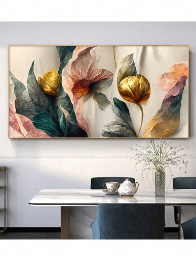 Vibrant Floral Elegance: Gold, Green & Pink Canvas Wall Art for Modern Home Décor