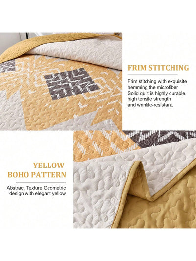 Yellow Boho Bliss: 3 Piece Texture Quilt Set with Pillowcases