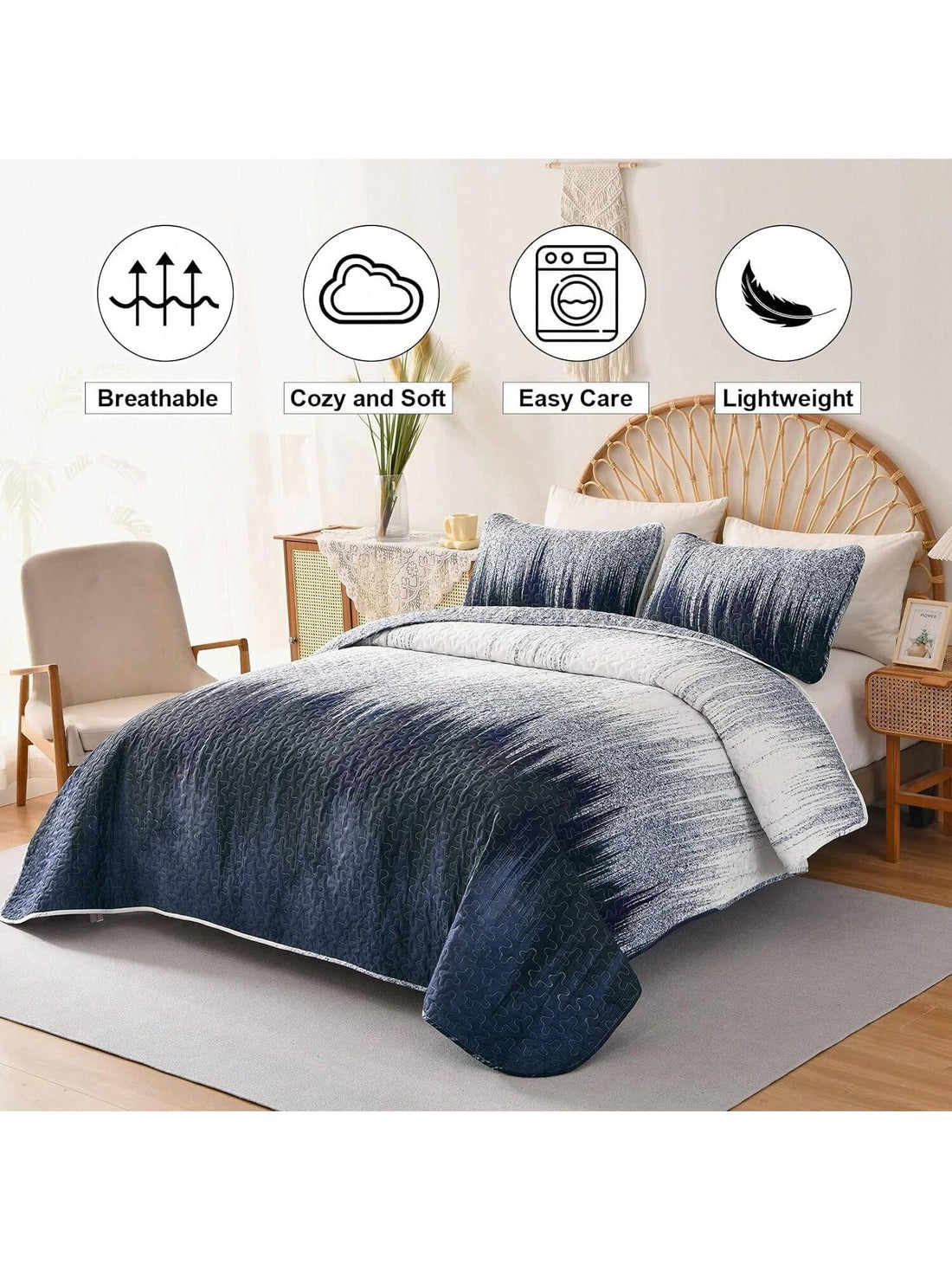 Blue Bliss: Ombre Pattern Quilt Set for Queen Bed with Pillowcases