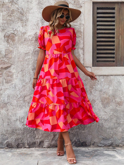 Chic and Colorful:  Geometric Print Bubble Sleeve Dress