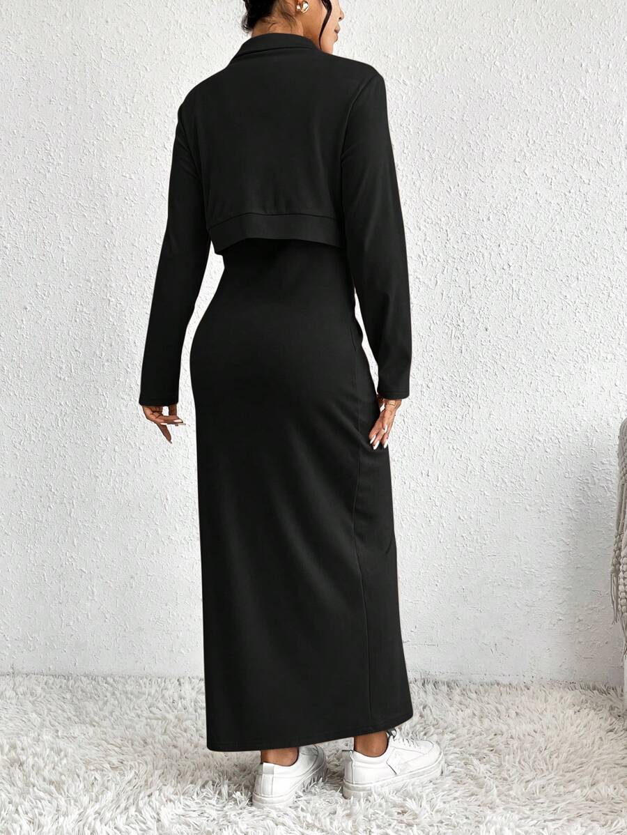 Elevate your wardrobe with this chic two-piece set that does the styling work for you! Pair a sleek solid-color jacket with a silky slip dress for instant sophistication—whether you're heading to brunch, a night out, or anywhere in between. The versatile neutral tones mix and match effortlessly with your existing pieces, while the polished silhouette keeps you looking put-together without trying too hard. It's the outfit formula that always works.