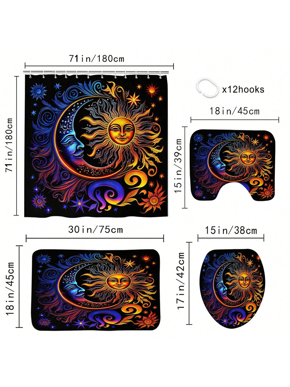 Transform your bathroom into a serene retreat with our Bohemian Oasis 4-Piece <a href="https://canaryhouze.com/collections/shower-curtain" target="_blank" rel="noopener">Shower Curtain</a> Set. The bold black background is adorned with a captivating moon and sun pattern, adding a touch of celestial charm to your space. Made with durable materials, this set is both stylish and functional.