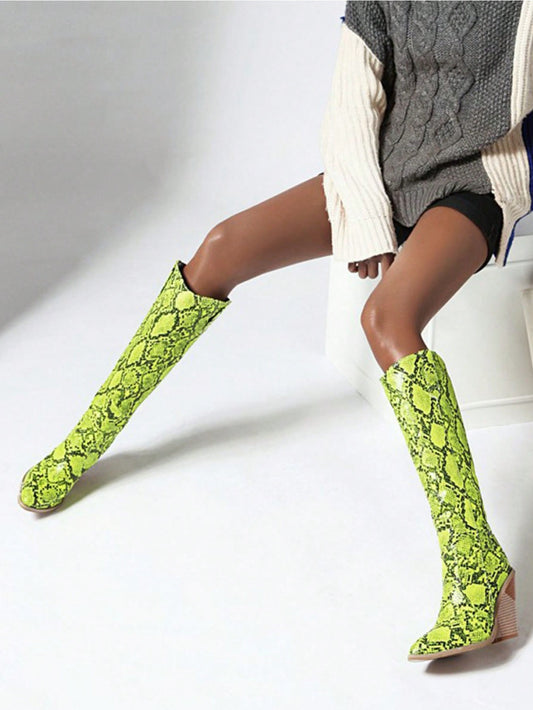 Wild West Wonders: Green Snakeskin Print Knee-High Cowboy Boots for Women