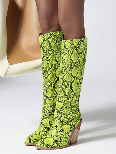 Wild West Wonders: Green Snakeskin Print Knee-High Cowboy Boots for Women