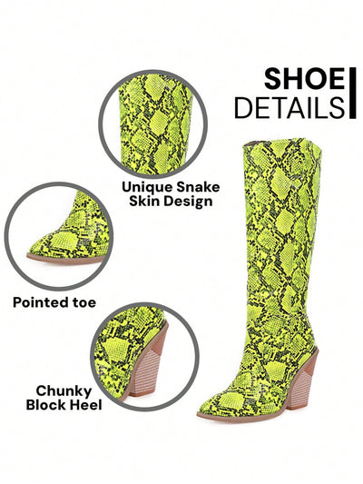 Wild West Wonders: Green Snakeskin Print Knee-High Cowboy Boots for Women