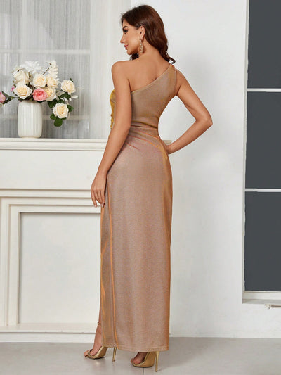 Elegant One-Shoulder Shimmering Burgundy Party Dress with Side Split