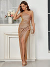 Elegant One-Shoulder Shimmering Burgundy Party Dress with Side Split