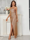 Elegant One-Shoulder Shimmering Burgundy Party Dress with Side Split