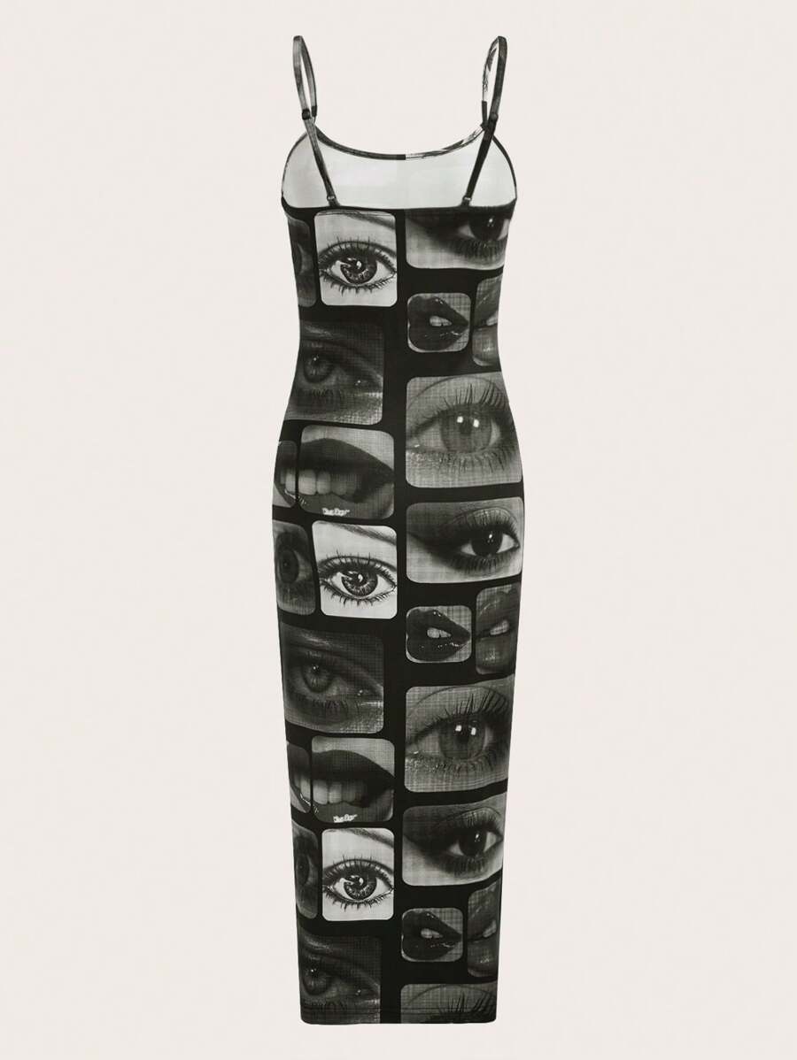 eye lip print bodycon maxi dress image 2 showing visible product shape, material, color, print, strap, lace, sole, neckline, or hem details