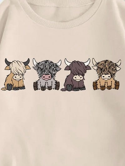 Cute & Cozy: Cartoon Cow Graphic Round Neck Sweatshirt for Women