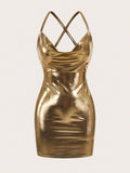 Gold metallic cowl neck bodycon mini dress flat front product view with cowl neckline