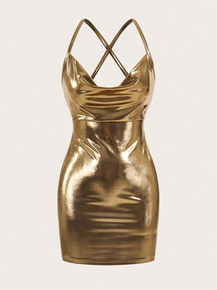 Gold metallic cowl neck bodycon mini dress flat front product view with cowl neckline