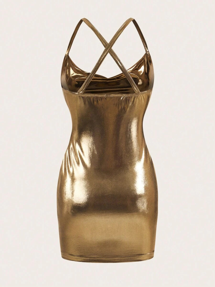 Gold metallic cowl neck bodycon mini dress flat back product view with crisscross straps