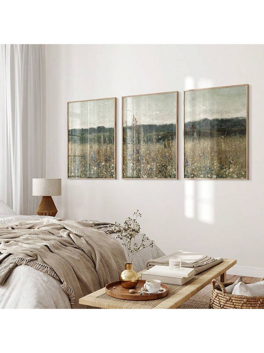 Bring pastoral elegance into your home with this captivating 3-piece wildflower canvas collection. Each panel showcases delicate botanical scenes rendered in warm, earthy hues that evoke the peaceful charm of countryside meadows. Whether displayed as a cohesive gallery wall or arranged individually, these canvases add depth and character to bedrooms, living spaces, and home offices. 