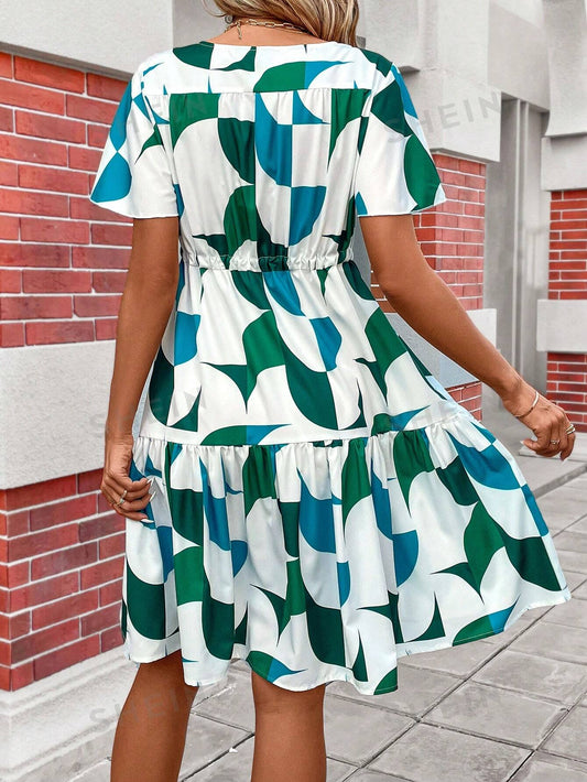 Chic Geometric Print Drawstring Waist Dress