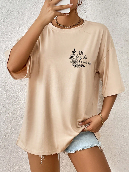 Bloom in Style: Floral Letter Print Drop Shoulder T-Shirt