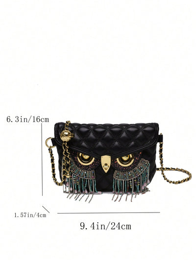 Diamonds and Pearls: Fashionable Chain Link Crossbody Evening Bag with Metallic Owl Print Detail