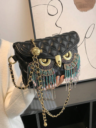 Diamonds and Pearls: Fashionable Chain Link Crossbody Evening Bag with Metallic Owl Print Detail