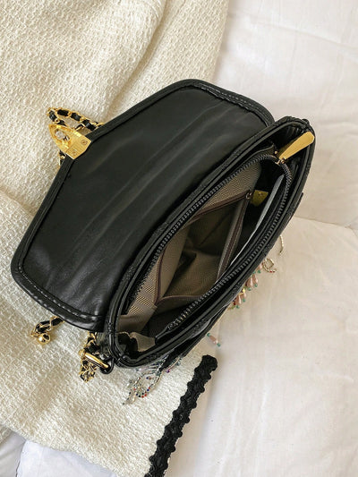 Diamonds and Pearls: Fashionable Chain Link Crossbody Evening Bag with Metallic Owl Print Detail