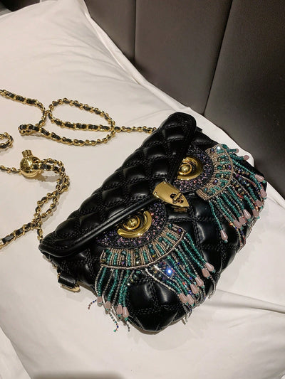 Diamonds and Pearls: Fashionable Chain Link Crossbody Evening Bag with Metallic Owl Print Detail