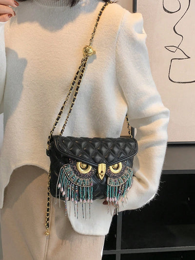 Diamonds and Pearls: Fashionable Chain Link Crossbody Evening Bag with Metallic Owl Print Detail