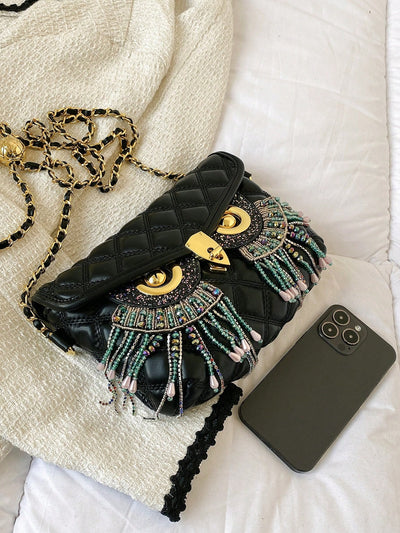 Diamonds and Pearls: Fashionable Chain Link Crossbody Evening Bag with Metallic Owl Print Detail