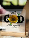 God All Things Are Possible Wooden Table Decor with Sunflower Design - 4x4 Inches