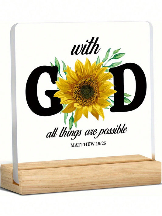 Elevate your home decor with this beautifully crafted wooden table decor featuring a sunflower design and the inspiring phrase "God All Things Are Possible." Made from high-quality wood and measuring 4x4 inches, this piece serves as a reminder of the limitless potential and blessings in life. Perfect for any room or as a thoughtful <a href="https://canaryhouze.com/collections/acrylic-plaque" target="_blank" rel="noopener">gift</a>.