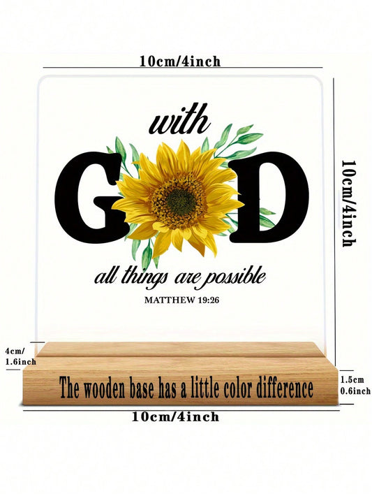 God All Things Are Possible Wooden Table Decor with Sunflower Design - 4x4 Inches