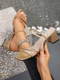Champagne gold square toe rhinestone mule sandals side view