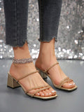 Champagne gold mule sandals with low block heel and thin crystal straps