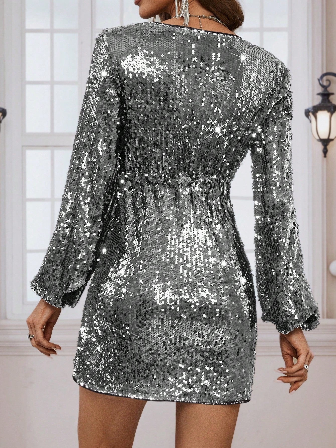 lantern sleeve sequin dress Plus V Neck Lantern Sleeve Sequin A Line Dresses
