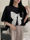 Fluttering into Summer: Women's Butterfly Printed T-Shirt with Bow Tie Decoration